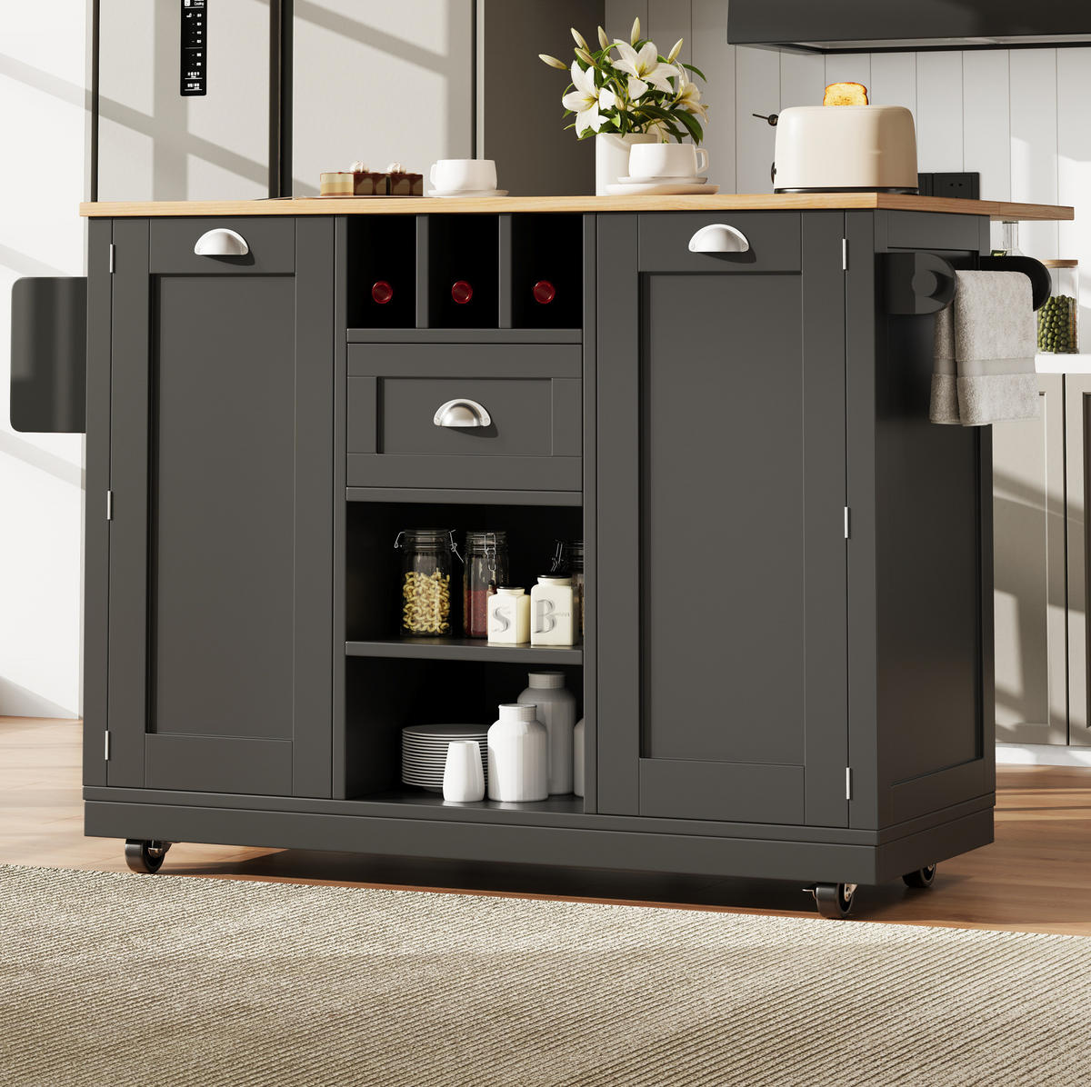 KÜCHENINSEL 140/93,5/40 cm Schwarz aus MDF und Metall mit klappbaren Seitenwänden - Schwarz, Holzwerkstoff (40/93.5/140cm) - OKMYHOME