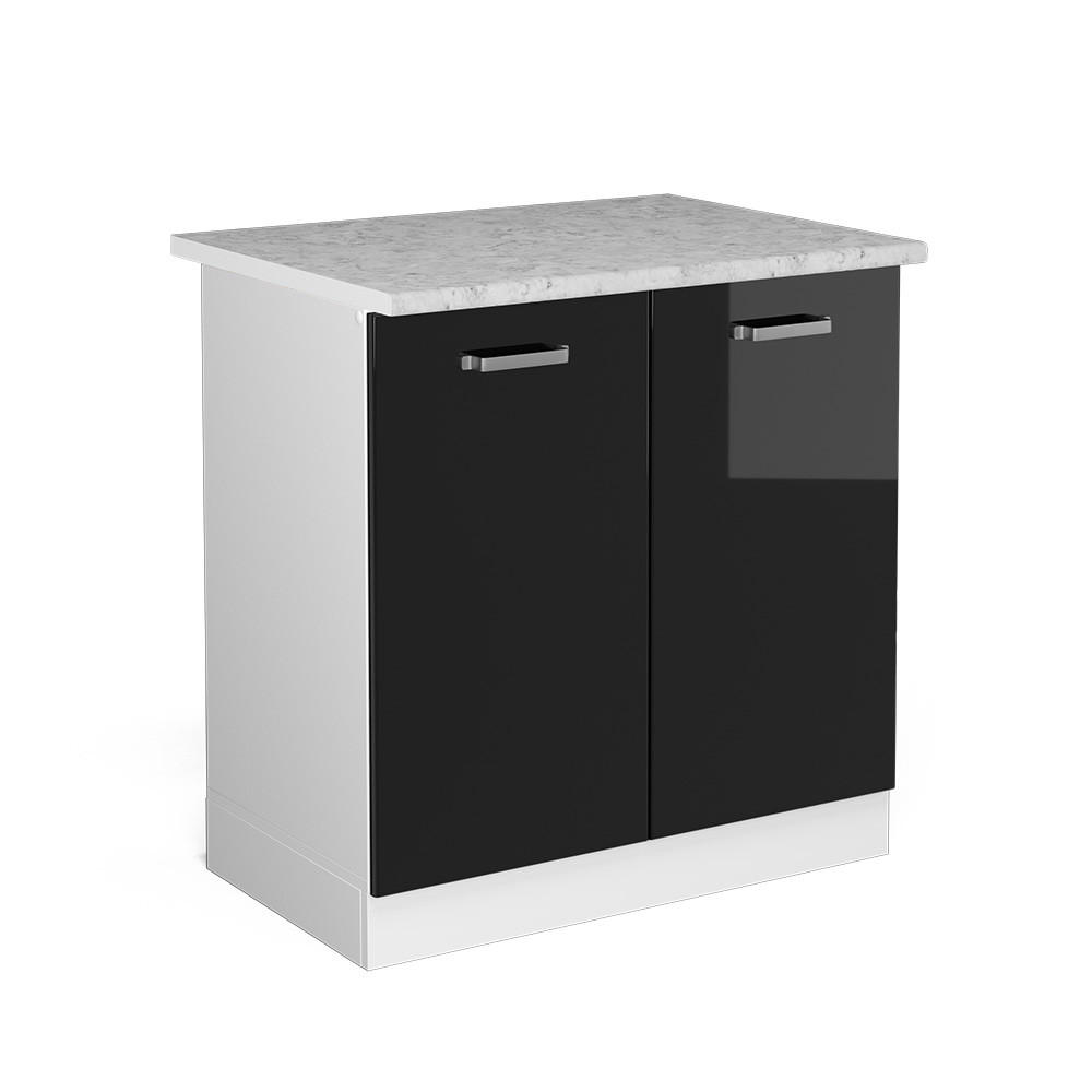 SPÜLENUNTERSCHRANK R-Line Schwarz Hochglanz 80 cm mit Türen, mit Arbeitsplatte - Schwarz Hochglanz/Weiß, Holzwerkstoff (80/81.6/60cm) - Vicco
