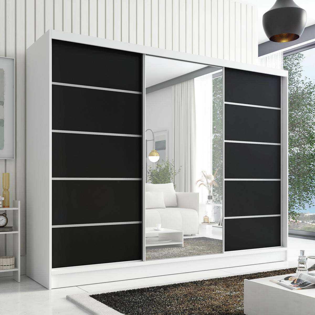 SCHWEBETÜRENSCHRANK 200 cm AURELIA 1 Farbe: Weiß, Schwarz - Schwarz/Weiß, Holzwerkstoff (200/215/60cm) - A&J MöbelLand