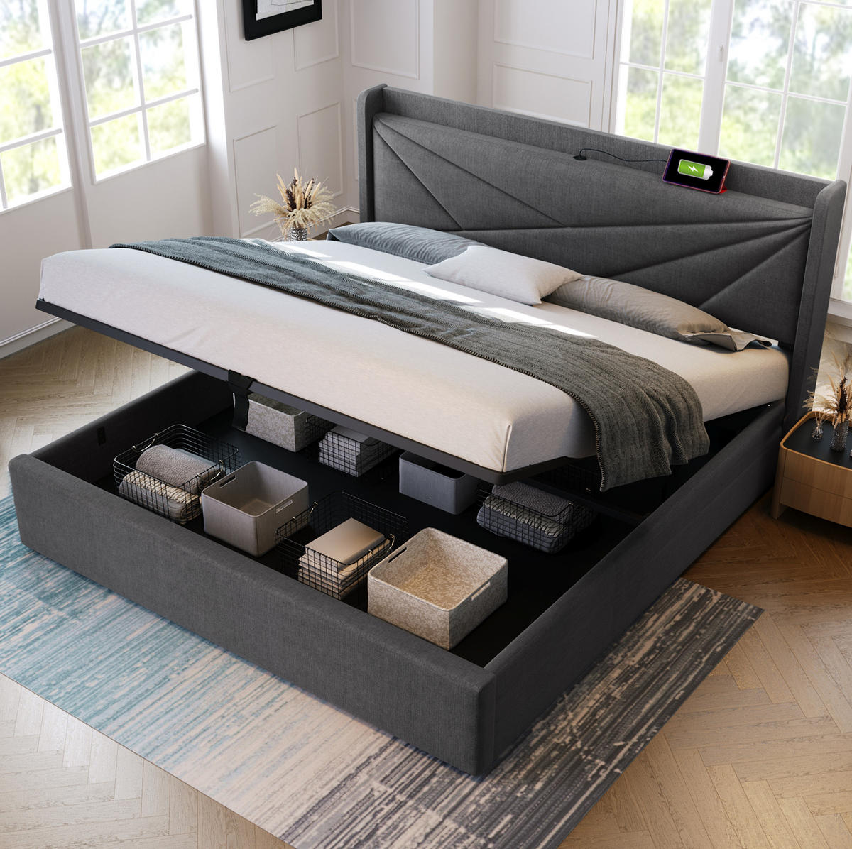 POLSTERBETT 160/200 cm grau mit Stauraum und USB Typ-C Ladefunktion - Grau, Textil (160/200cm) - OKWISH