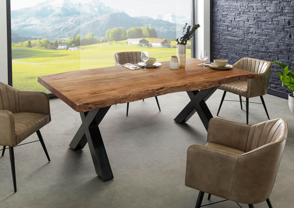 BAUMTISCH Akazie 180x90x77 Akazie natur lackiert / X-Beine anthrazit glänzend FREEFORM 5 - Braun, Holz (90/180/77cm) - Massivmoebel24