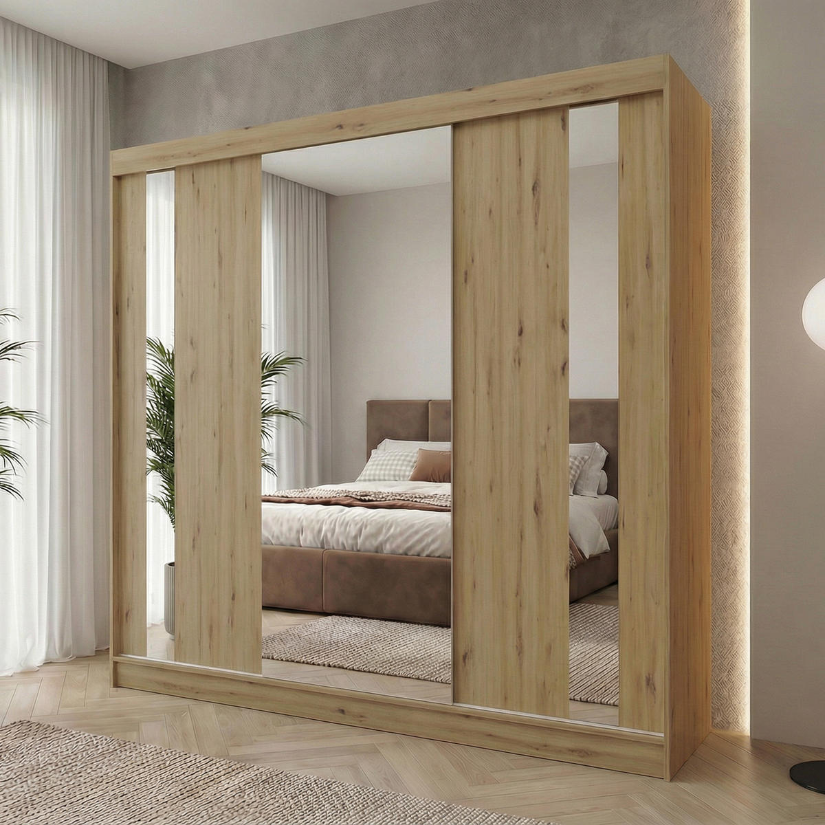 SCHWEBETÜRENSCHRANK Gaja 240/216/61 eiche Artisan mit Spiegel und Schubladeneinsätze - Eiche Artisan, Holzwerkstoff (240/216/61cm) - Beautysofa