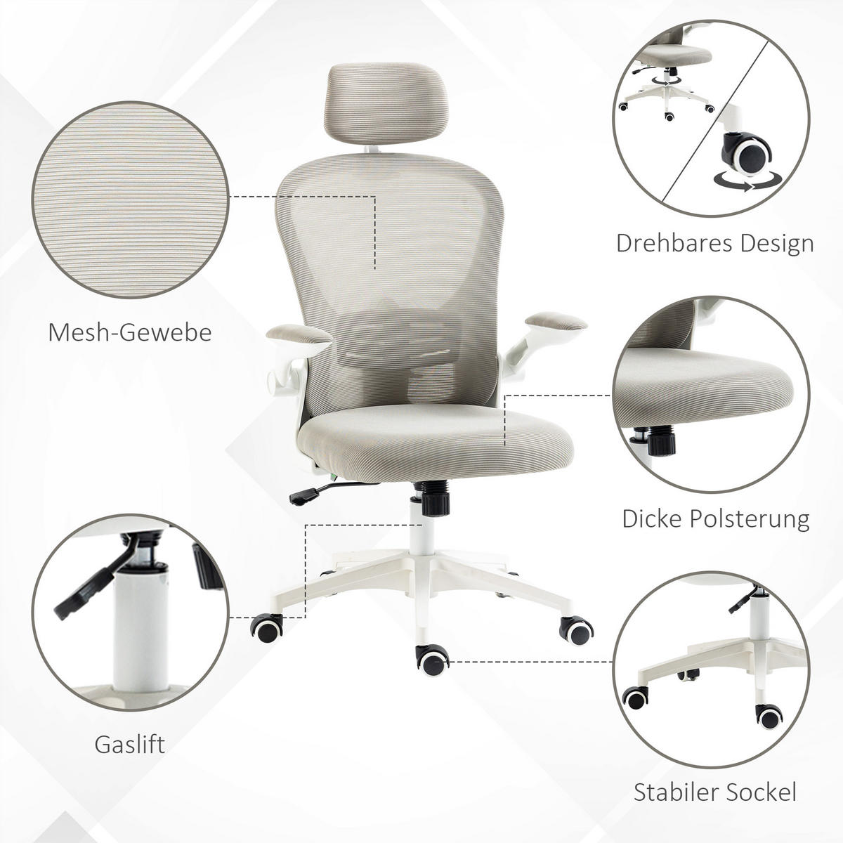 BÜROSTUHL, Grau, Polyester, Kunststoff - Grau, Kunststoff (64/120/62cm) - Vinsetto