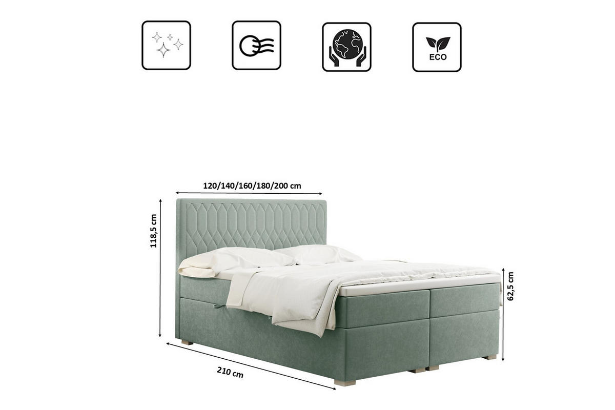 BOXBETT Mit Bettkasten Matratze Topper RIMINI Stoff Riviera Mintz 120x200 cm H2-Pocket - Mintgrün, Holz/Textil (120/200cm) - Kaiser Möbel