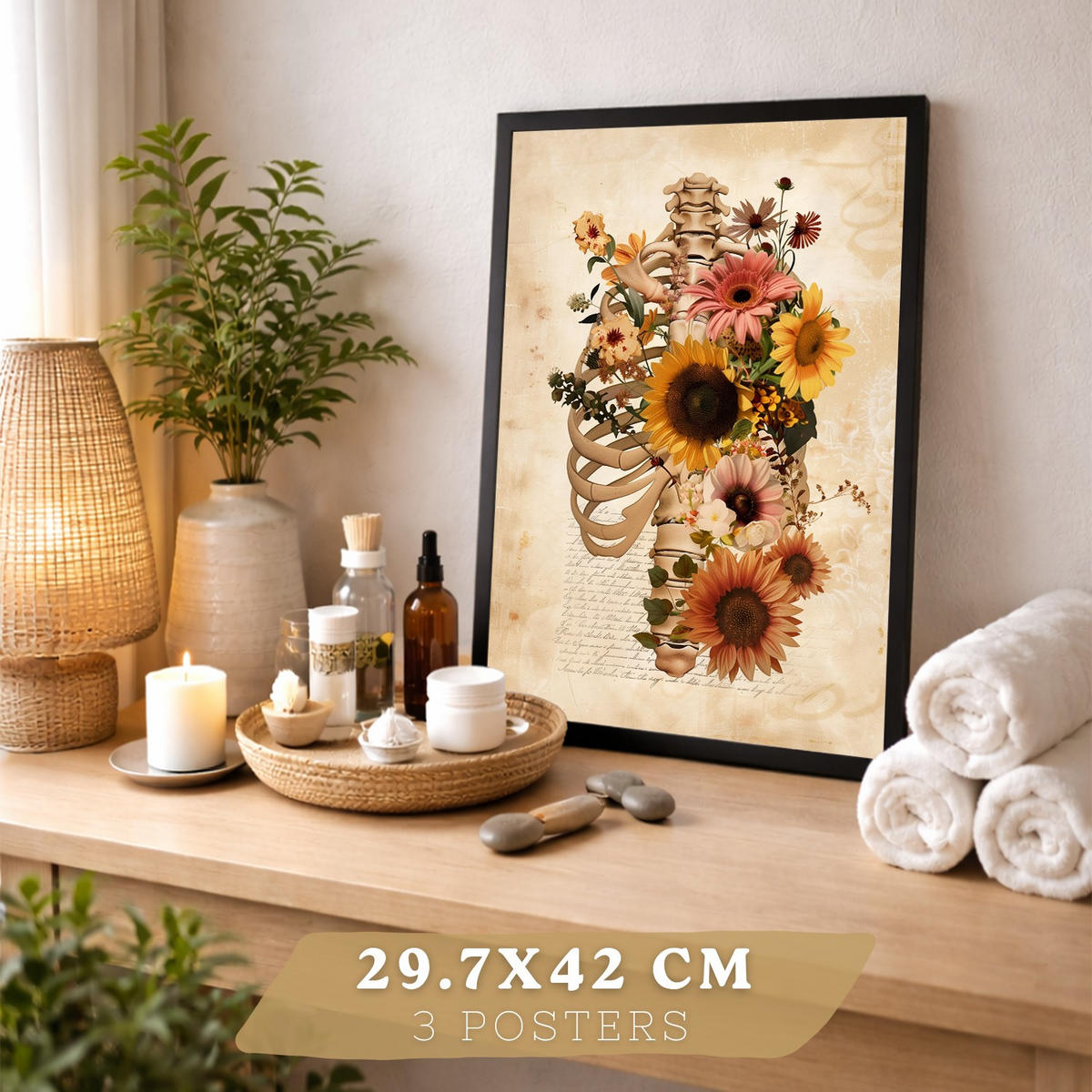 POSTER Set aus 3 Anatomie Mensch Vintage Florale Drucke und Wandbilder mit Lungen Brustkorb und Gehirn Botanischer Antiker Stil Größe Rahmenlos A3 - Klar, Papier (29.7/42/3cm) - Nacnic