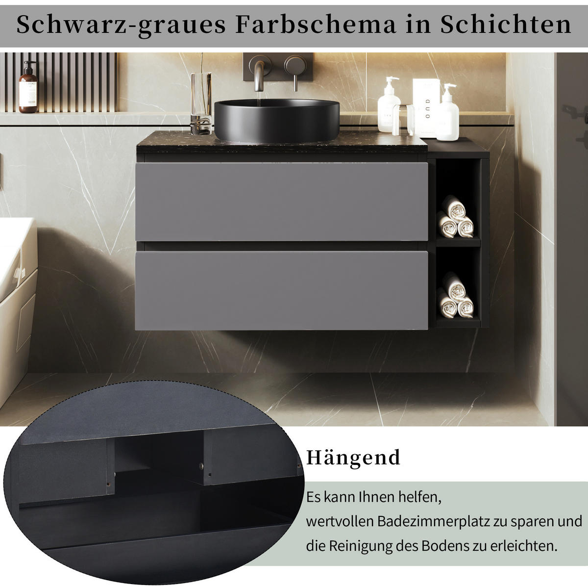 WASCHTISCHKOMBI 80 cm in Schwarz/Grau mit Aufsatzbecken und Schubladen - Schwarz, Holzwerkstoff (80/48.5/44cm) - Flora Grace