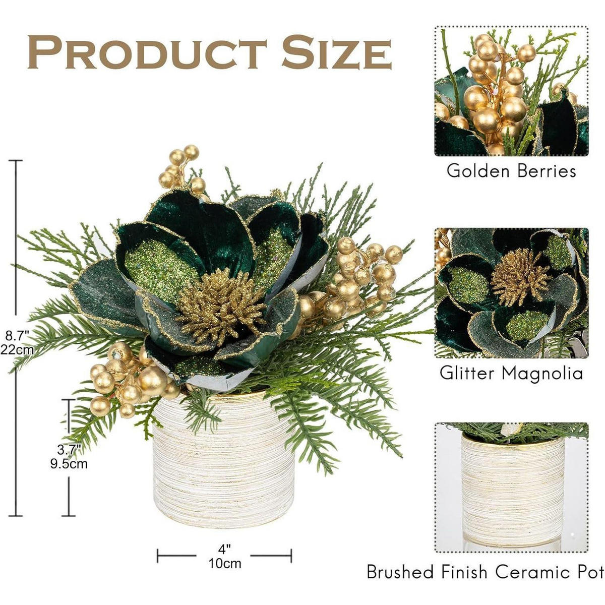 KUNSTPFLANZE Weihnachtsarrangement Magnolie im Keramiktopf mit Tannenzweig und Kugeln Dunkelgrün - Multicolor, Keramik (26cm)
