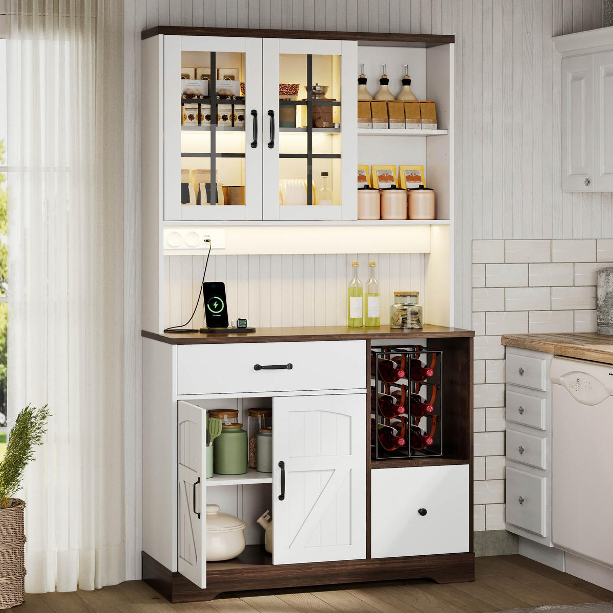 BUFFET 105/40/185 cm Weiß mit verstellbaren Einlegeböden, 2 Schubladen und farbwechselnder LED-Beleuchtung - Weiß, Holz (105/185/40cm) - Oxeza