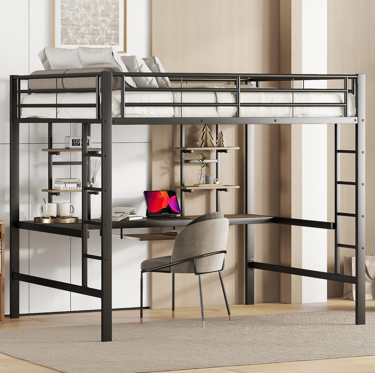 HOCHBETT aus Metall und MDF 140x200 cm Schwarz mit Schreibtisch, 2 Regalen und Tastaturablage - Schwarz, Metall (140/200cm) - IVMEU