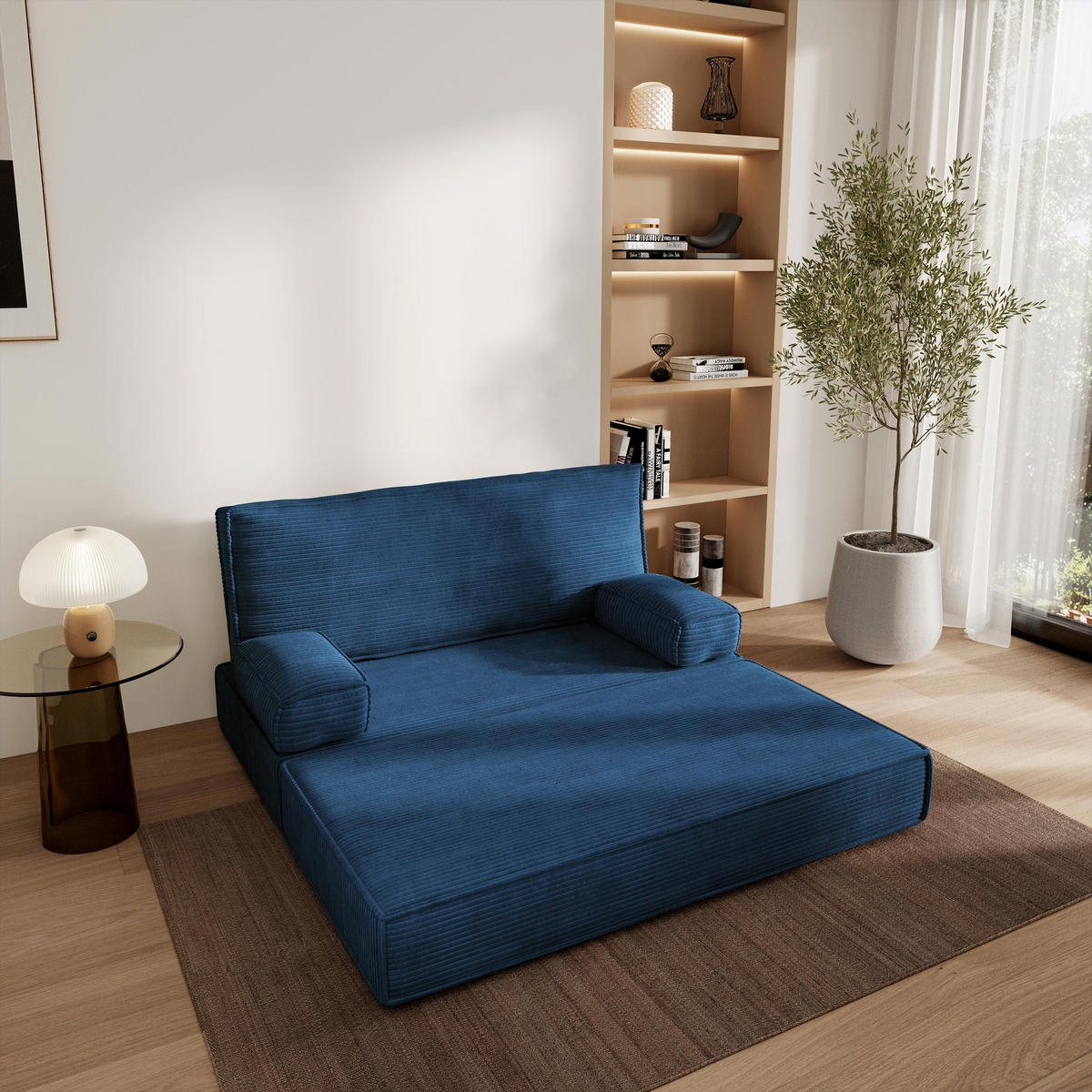 POHOVKA z pěny LADIA s funkcí spaní Manšestrová látka Modrá - modrá, textil (140/86/60cm) - MASSENO