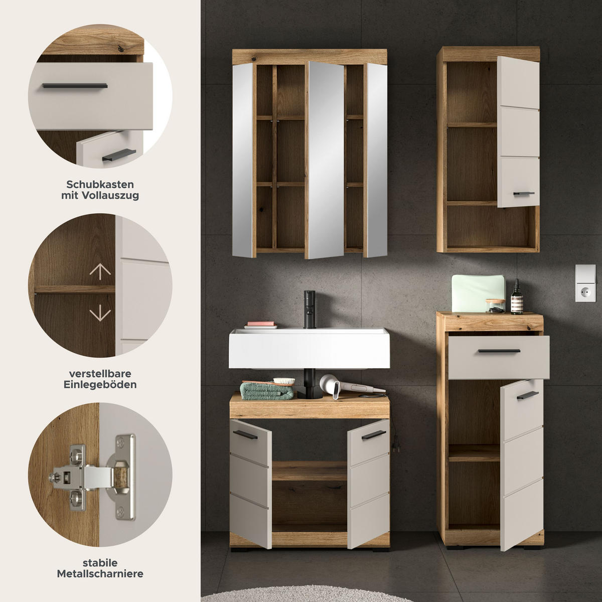 BAD-SET SCOUT 4-tlg. (B/H/T: ca. 112/191/34 cm) in Evoak Oak Nachbildung/- - Eichefarben, Holz (112/191/34cm)