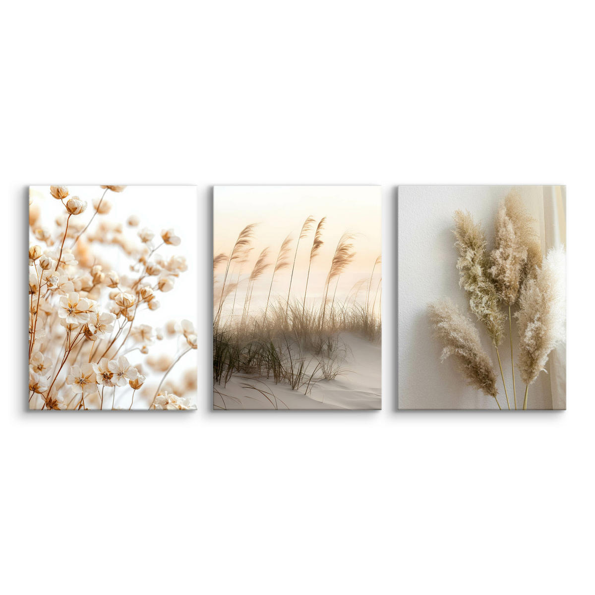 LEINWANDBILDER 3-es Set Blumen Strand 3D - Beige/Weiß, Textil (90/40cm) - Muralo