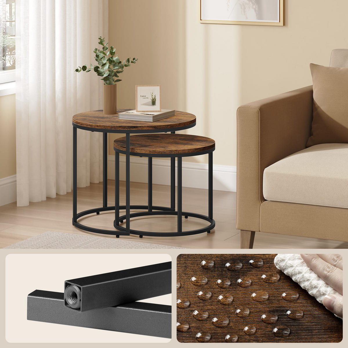COUCHTISCH 2er Set rund - Alteiche, Holzwerkstoff/Metall (53/53/45cm) - Mat-Haus