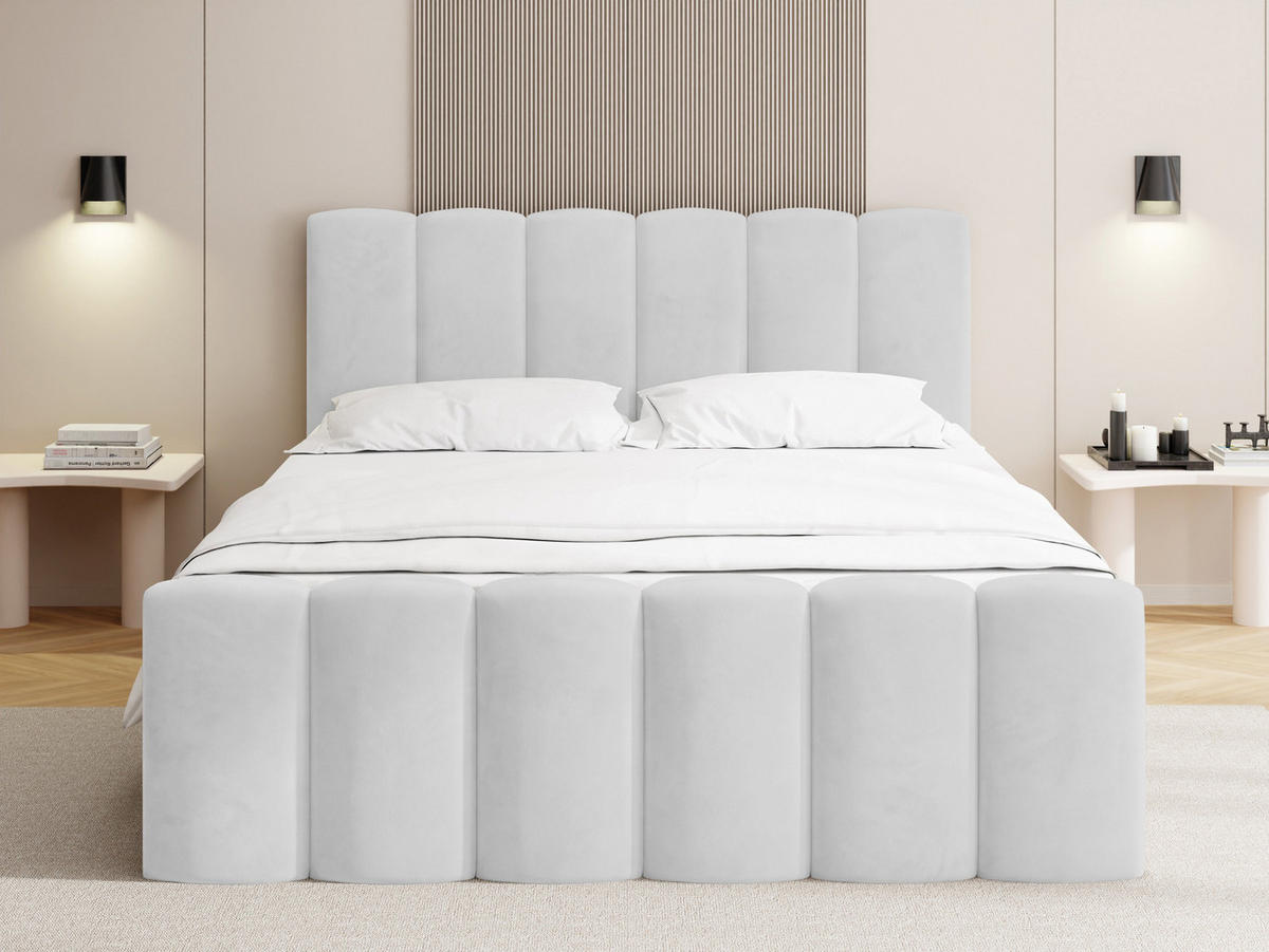 BOXBETT Serenity mit Bettkasten, Samt Hellgrau 140x200 cm – inkl. H4 Taschenfederkern Matratze & Foam Topper - Hellgrau/Schwarz, Holz/Holzwerkstoff (140/200cm) - WFL GROUP