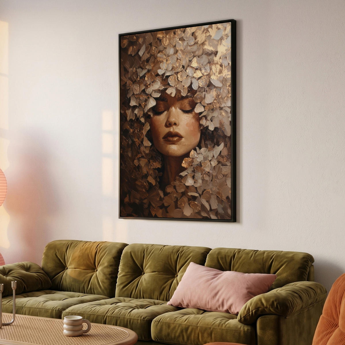LEINWAND Bilder mit Rahmen - Gesicht - Dame - Blätter - Pinselstriche - 90x140 - Goldfarben, Textil (90/140cm) - MuchoWow