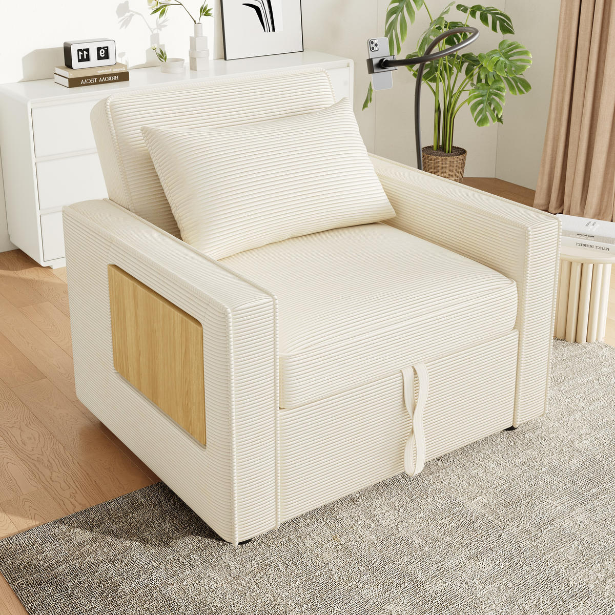 SCHLAFSOFA Multifunktionales mit USB-Anschluss und Handyhalter Cord Beige 93/150/85 cm - Beige, Textil (93/85/150cm) - OKWISH