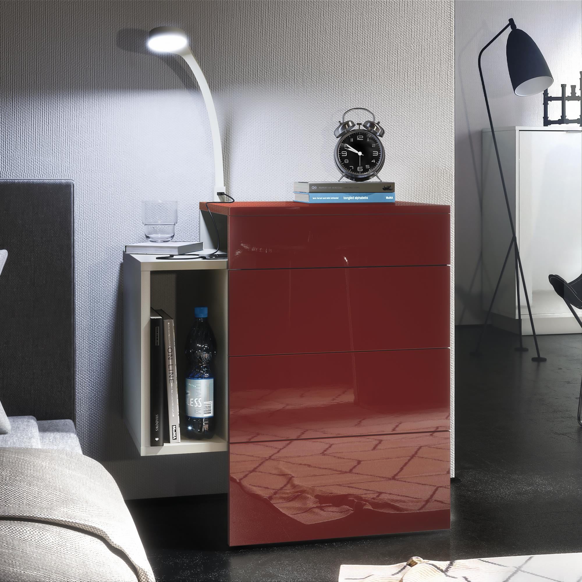 NACHTTISCH Queens Front in Bordeaux Hochglanz - Bordeaux, Holzwerkstoff (60/63/36cm) - Vladon