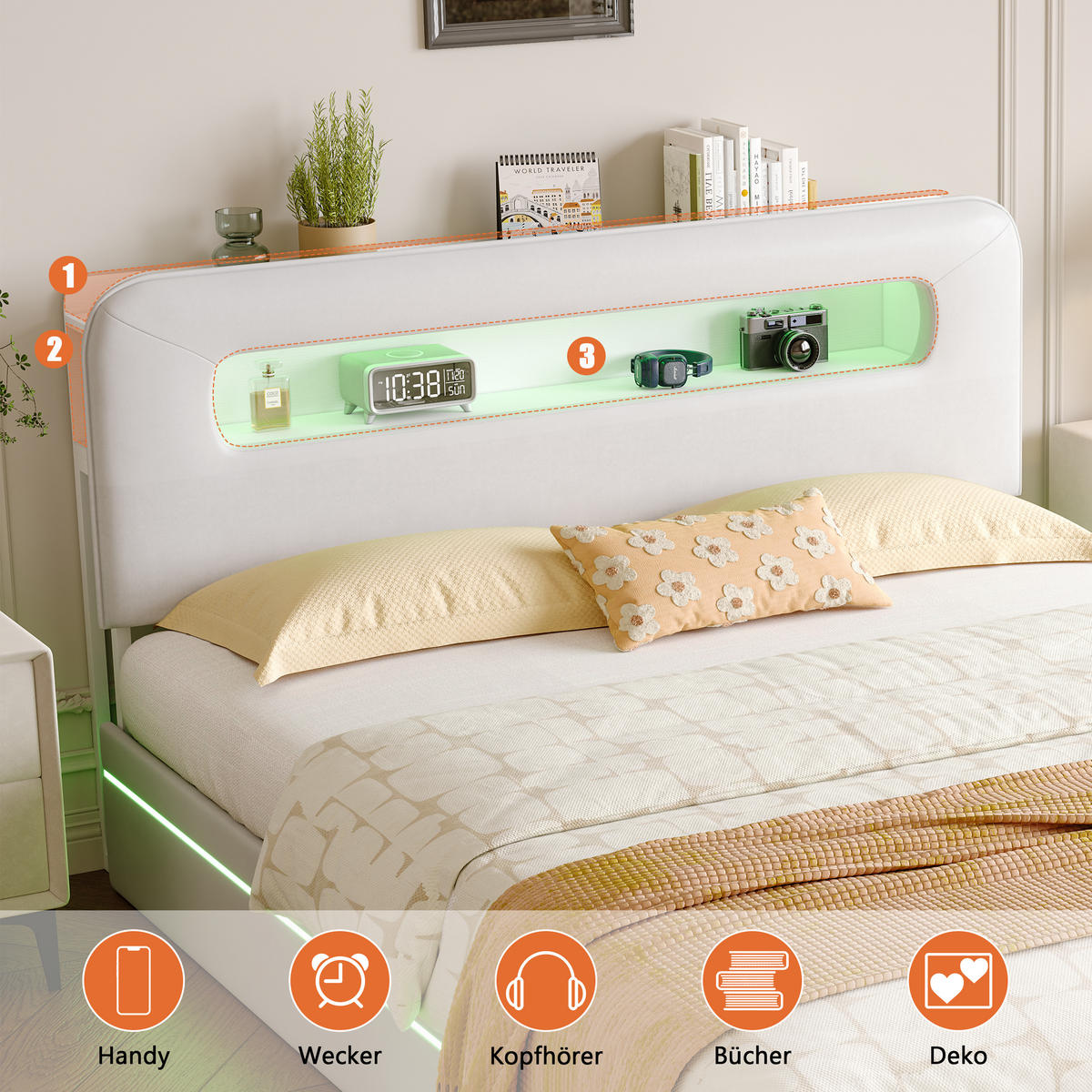 POLSTERBETT 140x200 cm LED Stauraum Lattenrost Ablagefach Samt beige - Weiß, Holz (140/200cm) - LEBENLANG