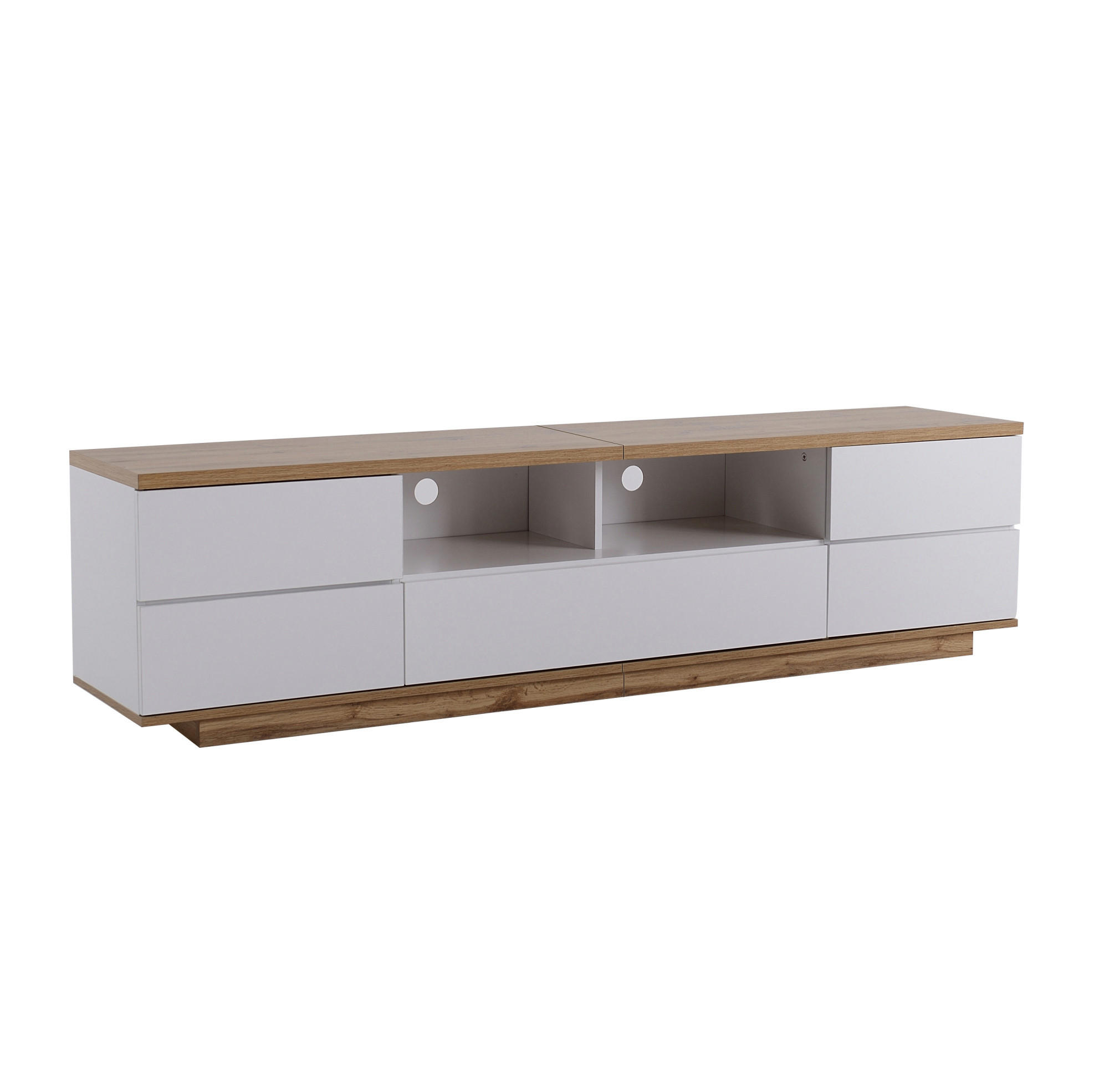 Modfu TV stolek z MDF 180x38x46 cm bílá/barva dřeva s 5 dvířky, 2 otevřenými přihrádkami a lamelovým designem