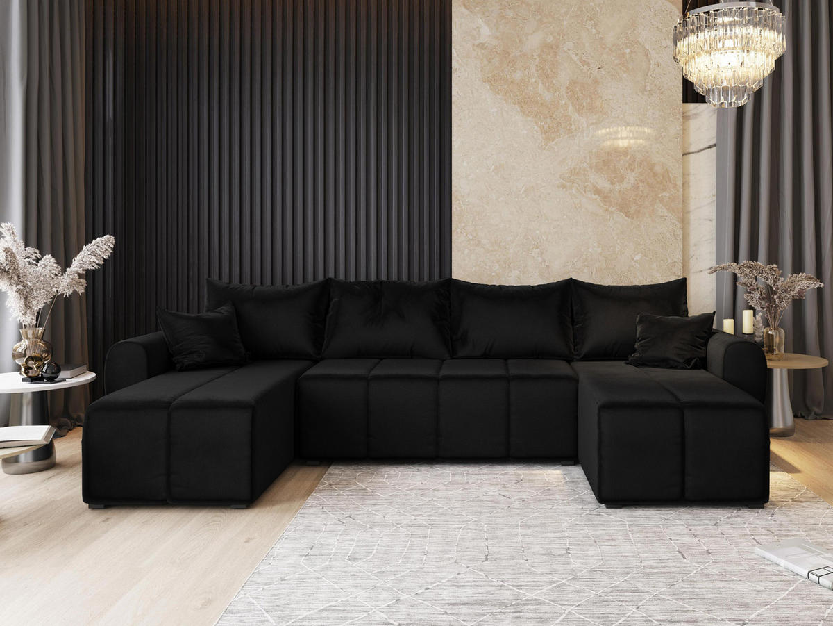 WOHNLANDSCHAFT MADISON U Schwarz Plüsch-Stoff mit Schlaffunktion - Schwarz, Holz (311/82/145cm) - MASSENO