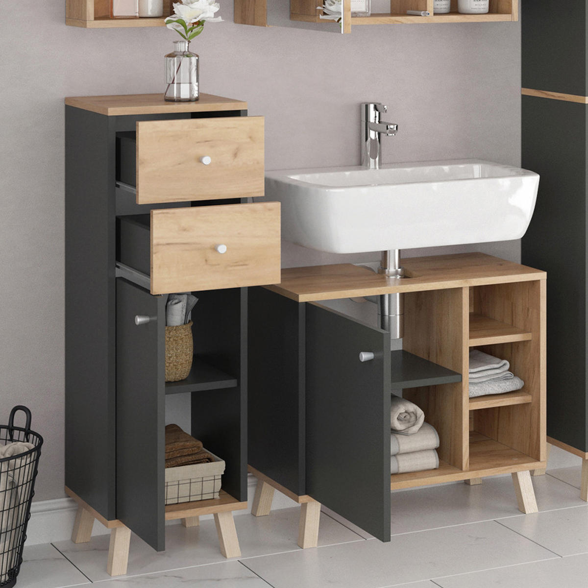 MIDISCHRANK Senyo Anthrazit 30 x 95 cm mit Schubladen - Anthrazit, Holzwerkstoff (30/95/30cm) - Vicco