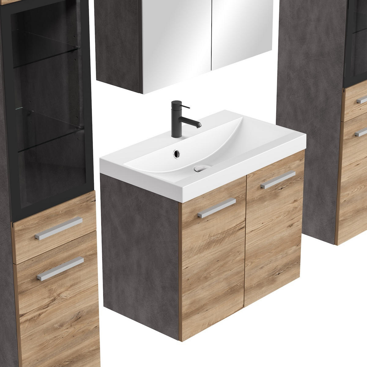 BADMÖBEL-SET Mirano 5 Teile Kastanien Eiche / Grau - 60 x 35 x 51 cm - Eichefarben/Grau, Holz (60/47/35cm) - Badplaats