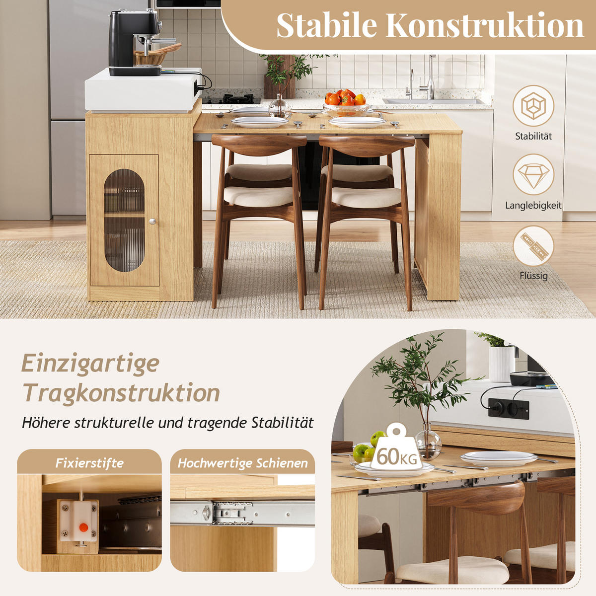 KÜCHENINSEL auf Rollen mit Klapptisch, Steckdosen und Haken, Natur - Naturfarben, Holz (83/96/46cm)
