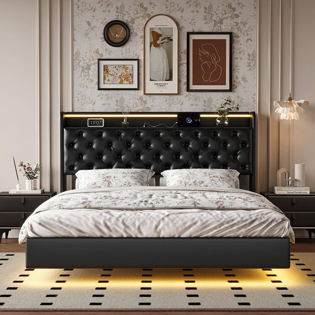 POLSTERBETT 140x200 cm, mit LED, USB & Typ-C, Bettkasten, Schwarz - Schwarz, Holz (140/200cm)