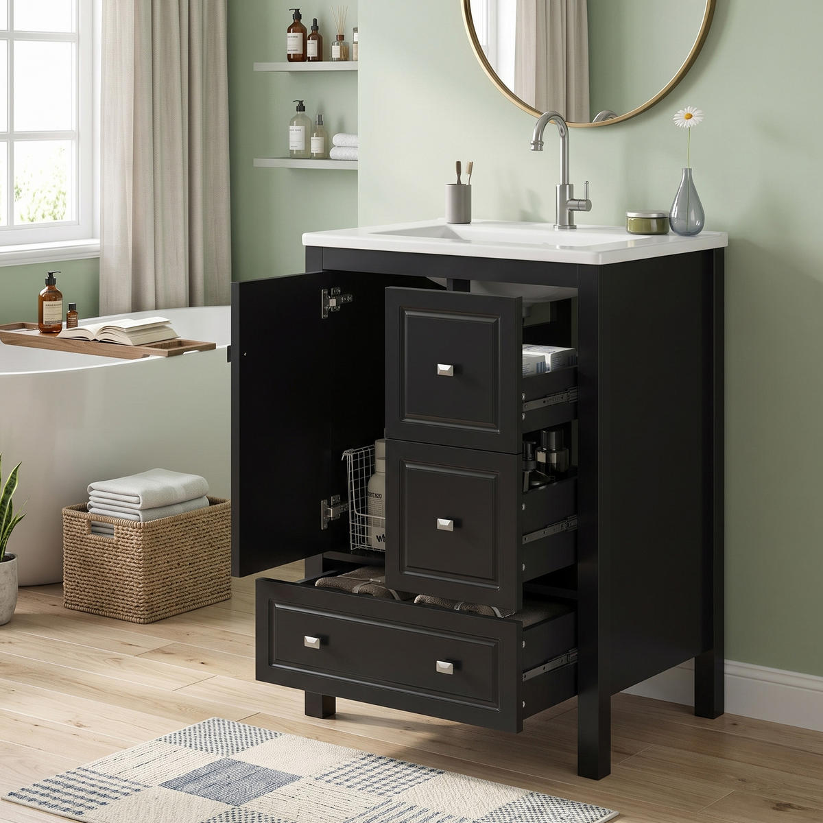 WASCHTISCH Freistehend mit Keramikbecken & 3 Schubladen 62cm - Schwarz, Holzwerkstoff (62/90/47cm) - Urban Meuble