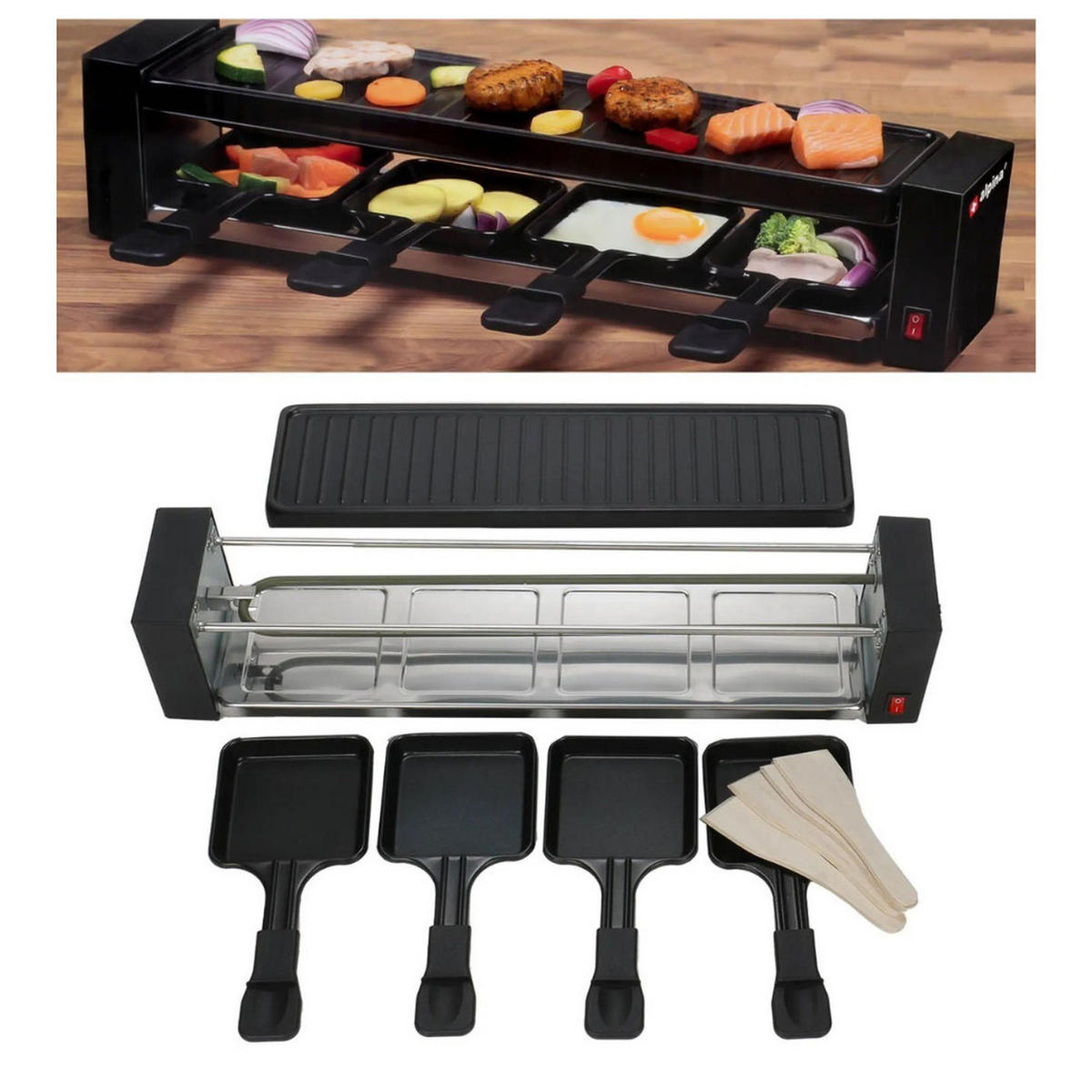 RACLETTEGRILL ED-223292, Steingrill 4 Personen, 800W Tischgrill, Partygrill Elektro, Antihaft Grillplatte, Verstellbarer Thermostat - Schwarz, Metall (49.3/10/11cm) - Alpina