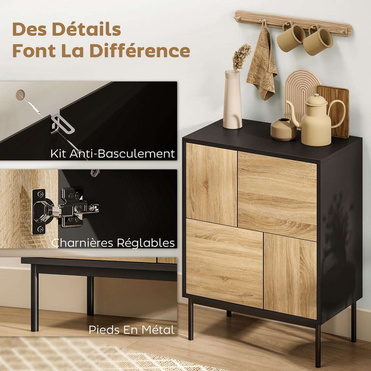 SIDEBOARD Schwarz und Natur, 4 Türen, 60/35/78 cm - Schwarz, Holz (60/78/35cm) - PANGIVO