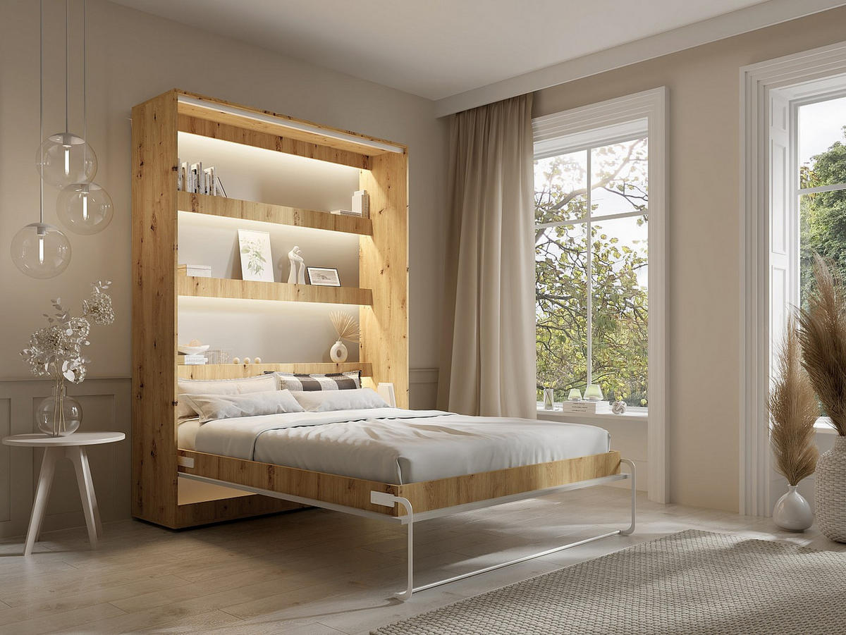 SCHRANKBETT - 2 Personen - holz - beige, naturfarben hell Rapili - Beige/Naturfarben, Holz/Metall (140/200cm) - Vente-Unique
