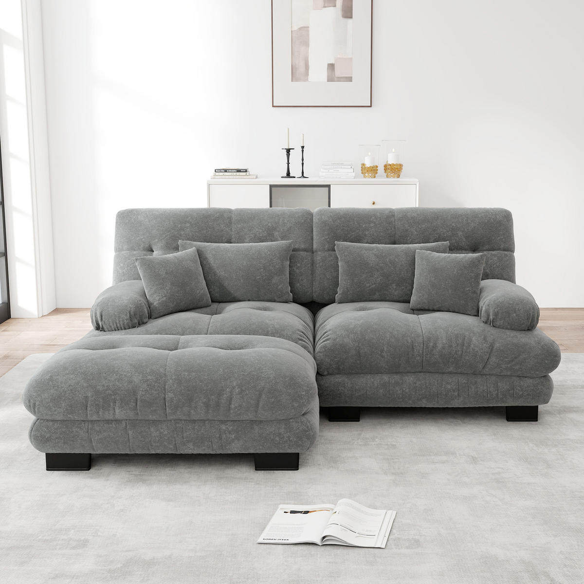 ECKSOFA chenille grau mit ottoman & 4 kissen - Grau, Textil (220/145cm) - Urban Meuble