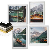 WANDBILDER 4er-Set - 50x50 cm & 40x60 cm Weißer Rahmen - See, Berge, Boote, Hütte, Fenster - Weiß, Kunststoff (50/50cm) - ArtPrintCave
