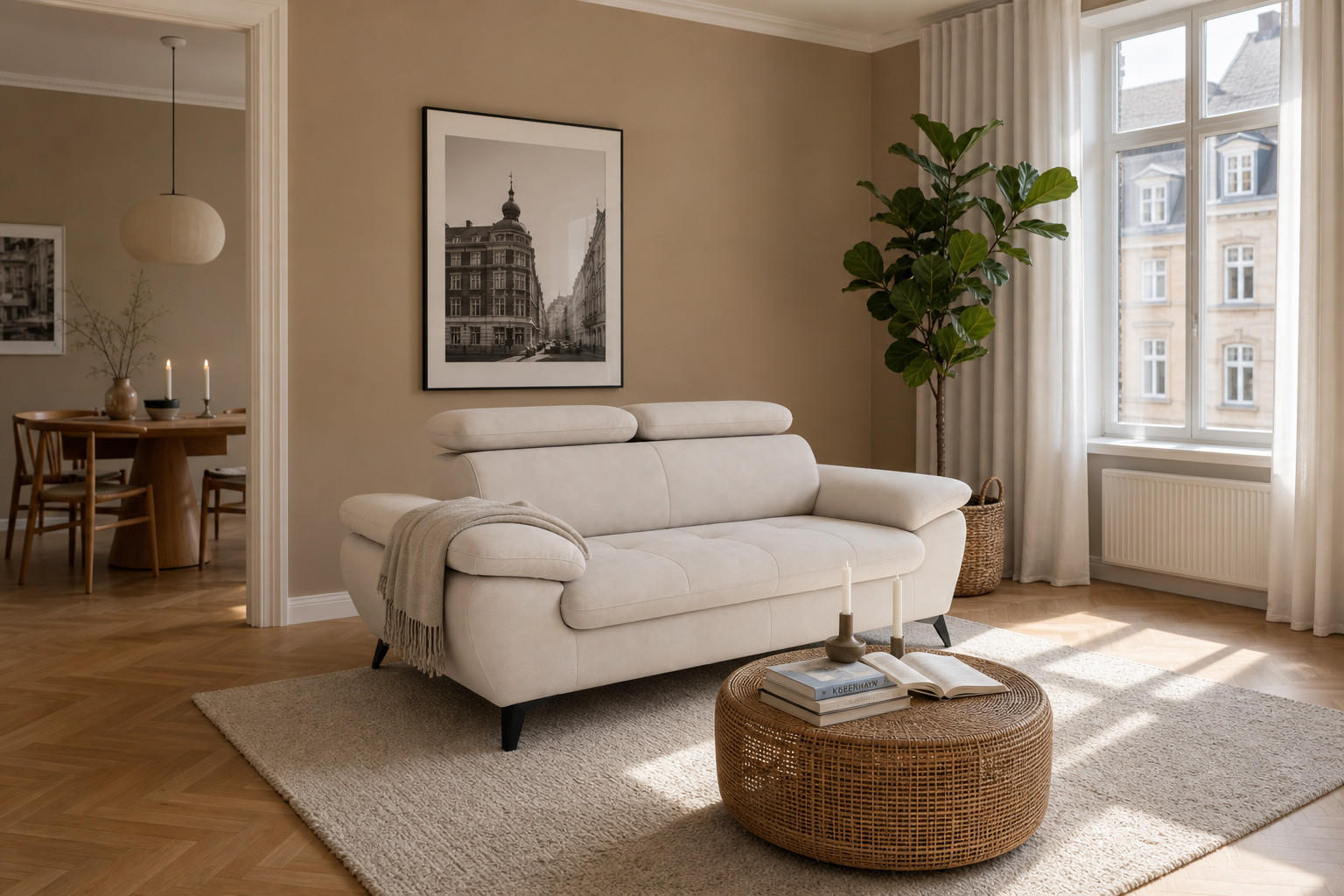 2,5-SITZER Karlstad Flachgewebe Beige verstell. Kopfstützen B 194 cm - Naturfarben, Kunststoff/Textil (194/84/100cm) - foamnova