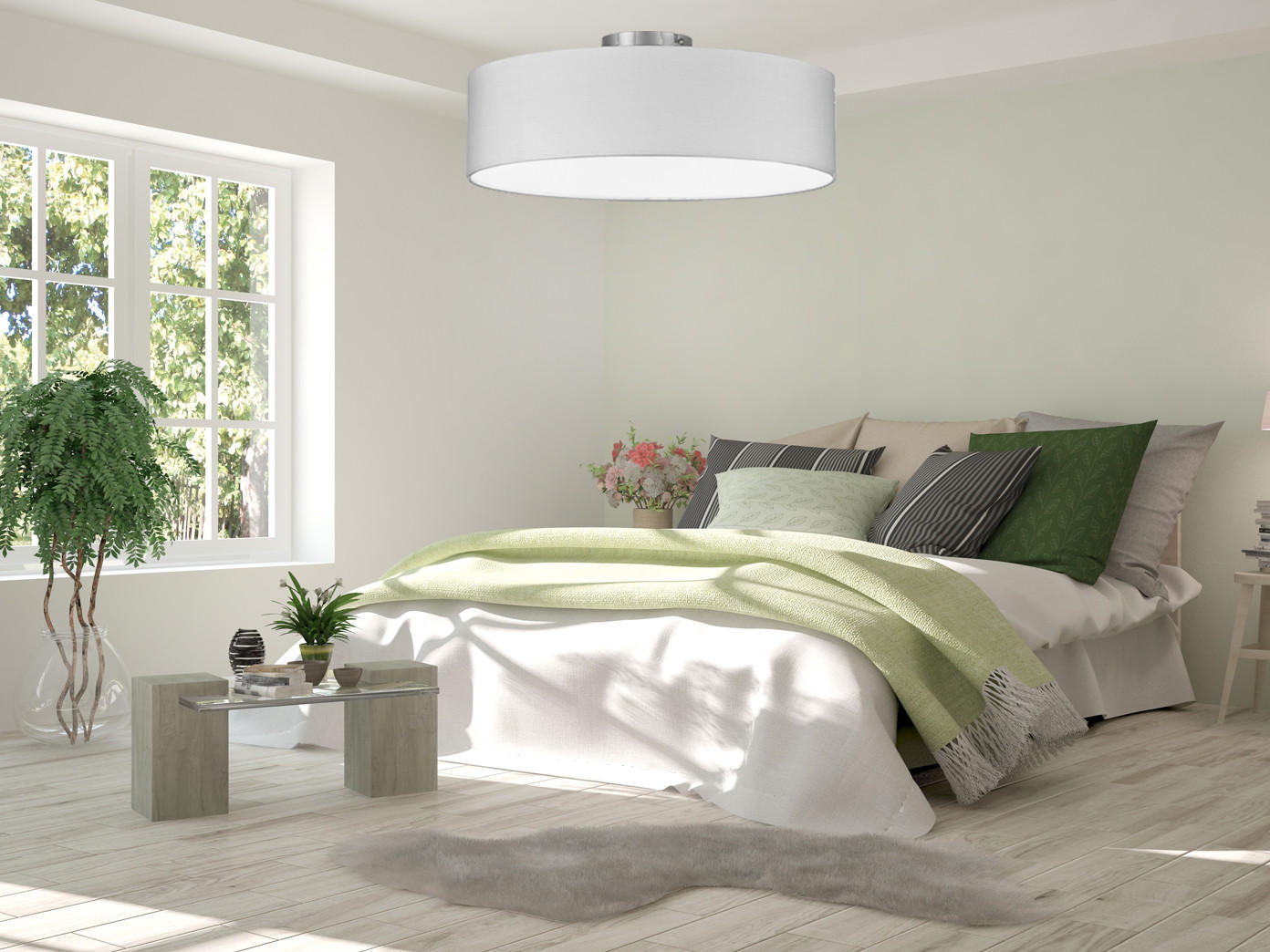 DECKENLAMPE Ø50cm, Lampenschirm Stoff Weiß - Weiß, Textil (50/50/19cm) - meineWunschleuchte