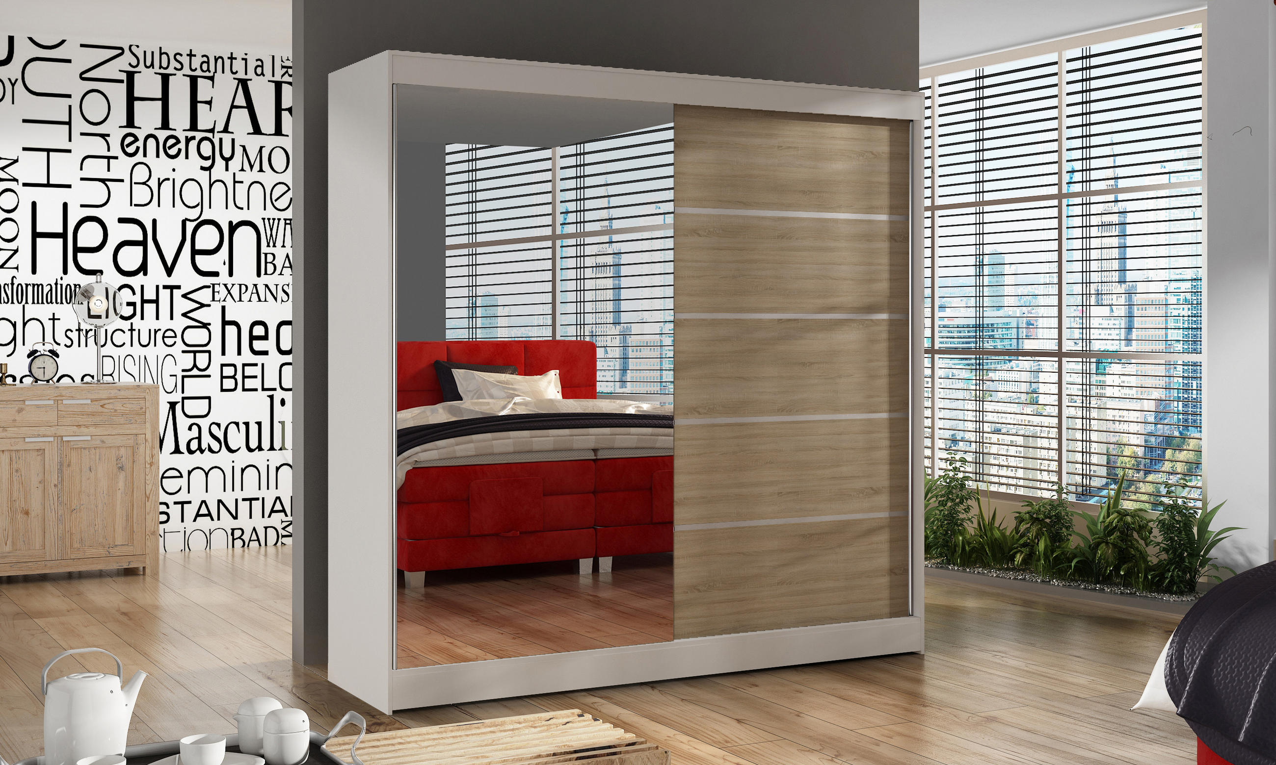 SCHWEBETÜRENSCHRANK Basti III - 200 cm - Beige/Weiß, Holzwerkstoff/Metall (200/215/58cm) - Sofnet