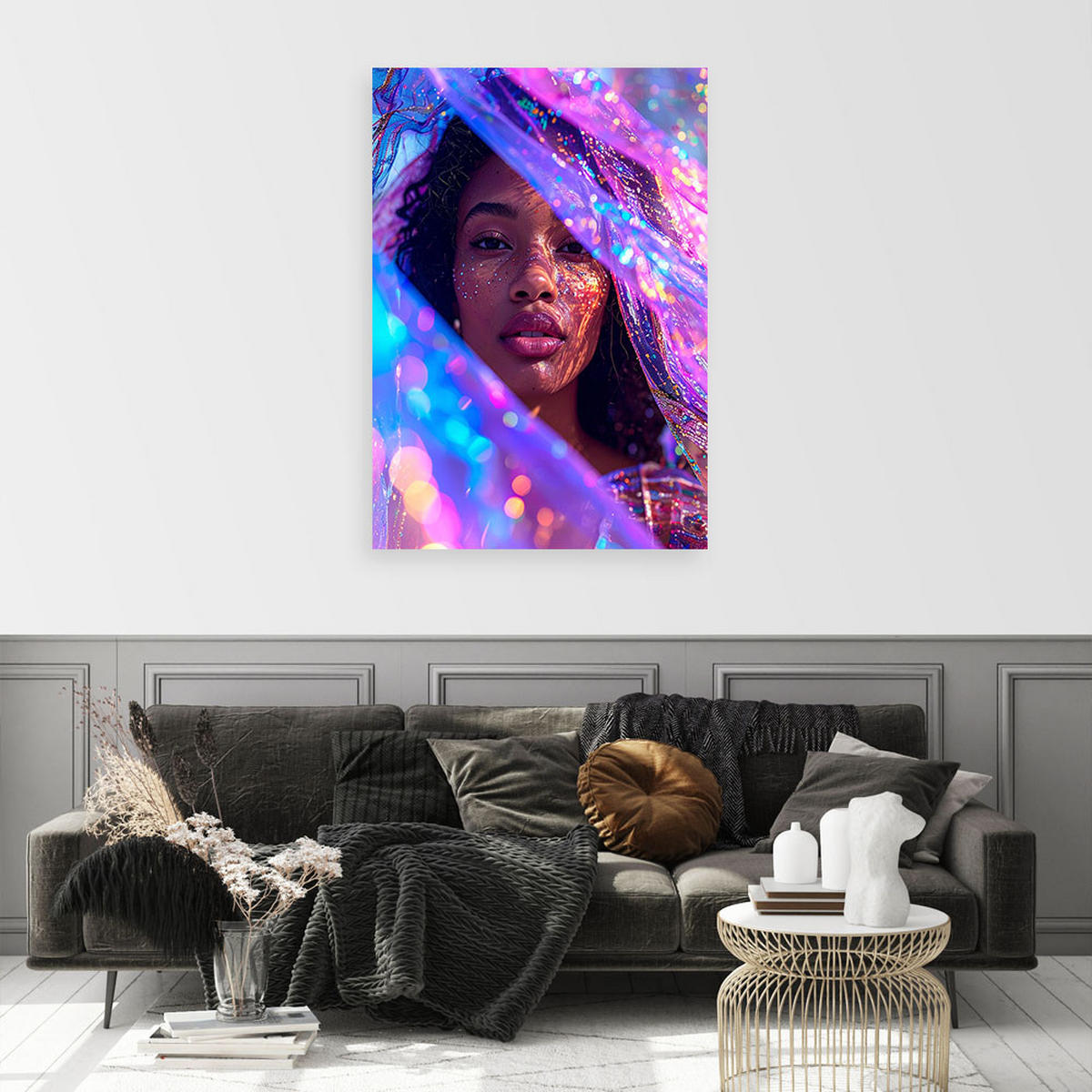 BILD auf Leinwand, Porträt einer Frau in buntem Neonlicht - Multicolor, Textil (20/30cm) - Feeby