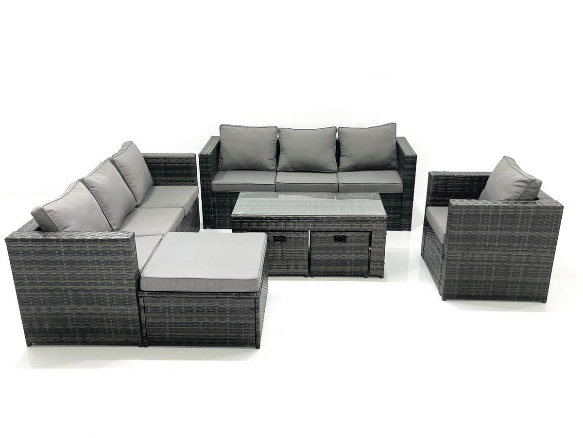 GARTENMÖBEL-SET COUCHTISCH SESSEL SOFA mit HOCKER Polyrattan Dunkelgrau Gemischt 10-Sitzer - Dunkelgrau/Grau, Glas/Kunststoff - Fimous