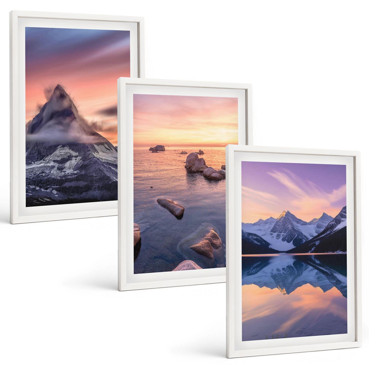 BILDER SET 3er Set - 40x60 cm Weißer Rahmen - Berglandschaft, See, Westen - Weiß, Kunststoff (40/60cm) - TULUP