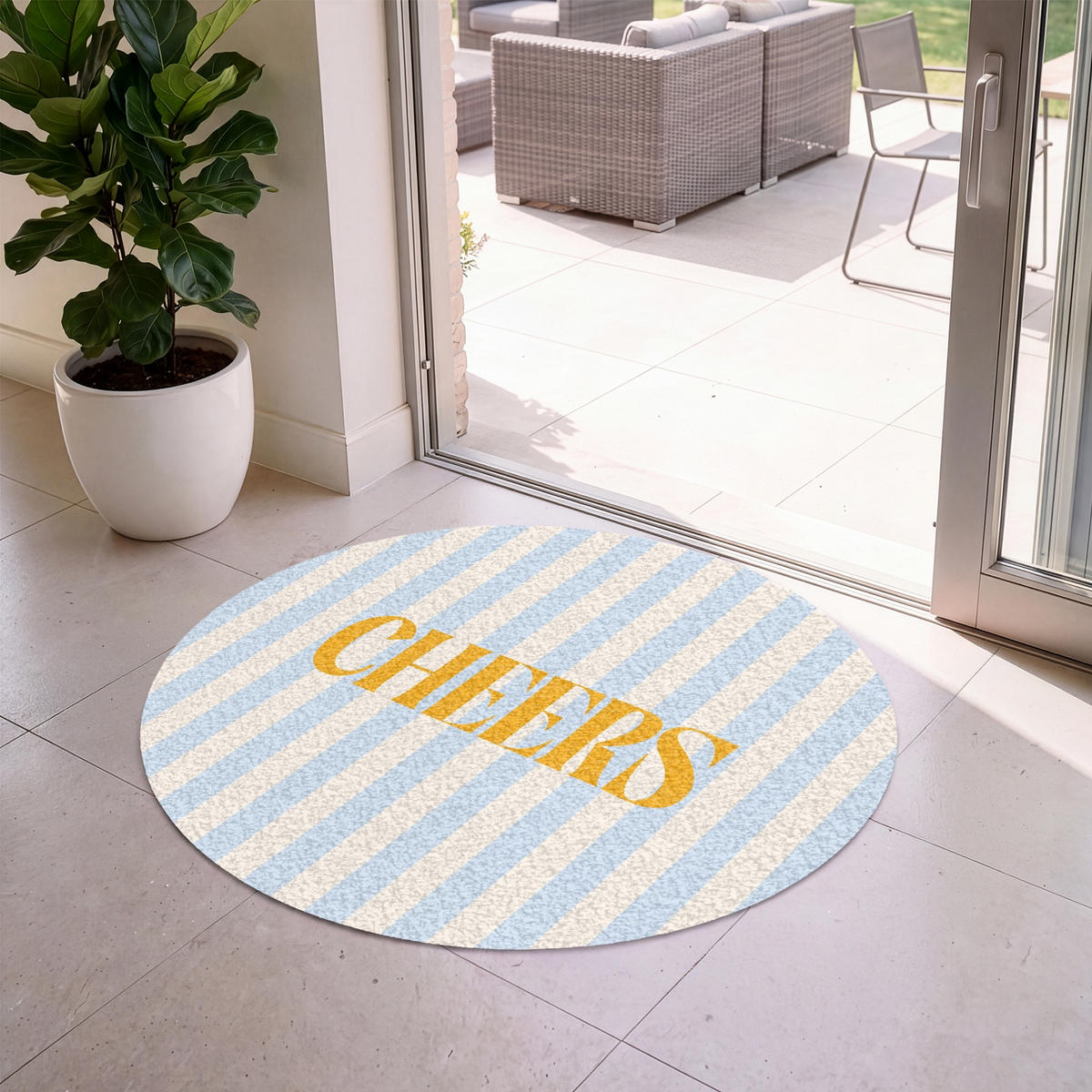 FUSSMATTE Orange – Blau – Streifen – Cheers 120x120 cm - Hellblau, Kunststoff (120/0.4cm) - MuchoWow