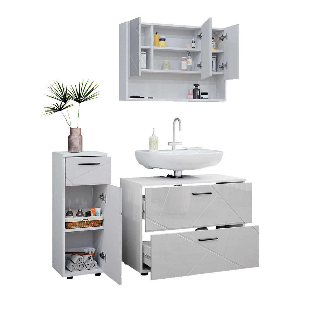 BADMÖBEL-SET Irma Weiß Hochglanz 3 Teile mit Schubladenschrank und Midischrank - Weiß Hochglanz/Weiß, Holzwerkstoff (80/58.6/41cm) - Vicco