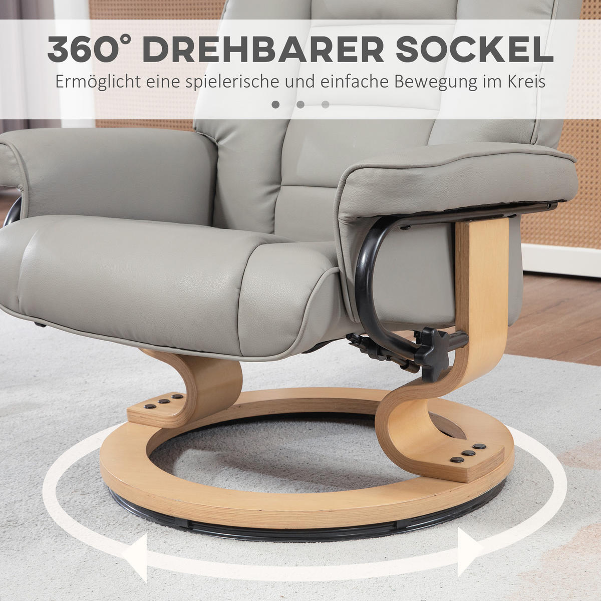 RELAXSESSEL mit Hocker, Drehbar Fernsehsessel mit Liegefunktion Kunstleder, Grau - Grau, Leder (85/104/76cm) - HOMCOM