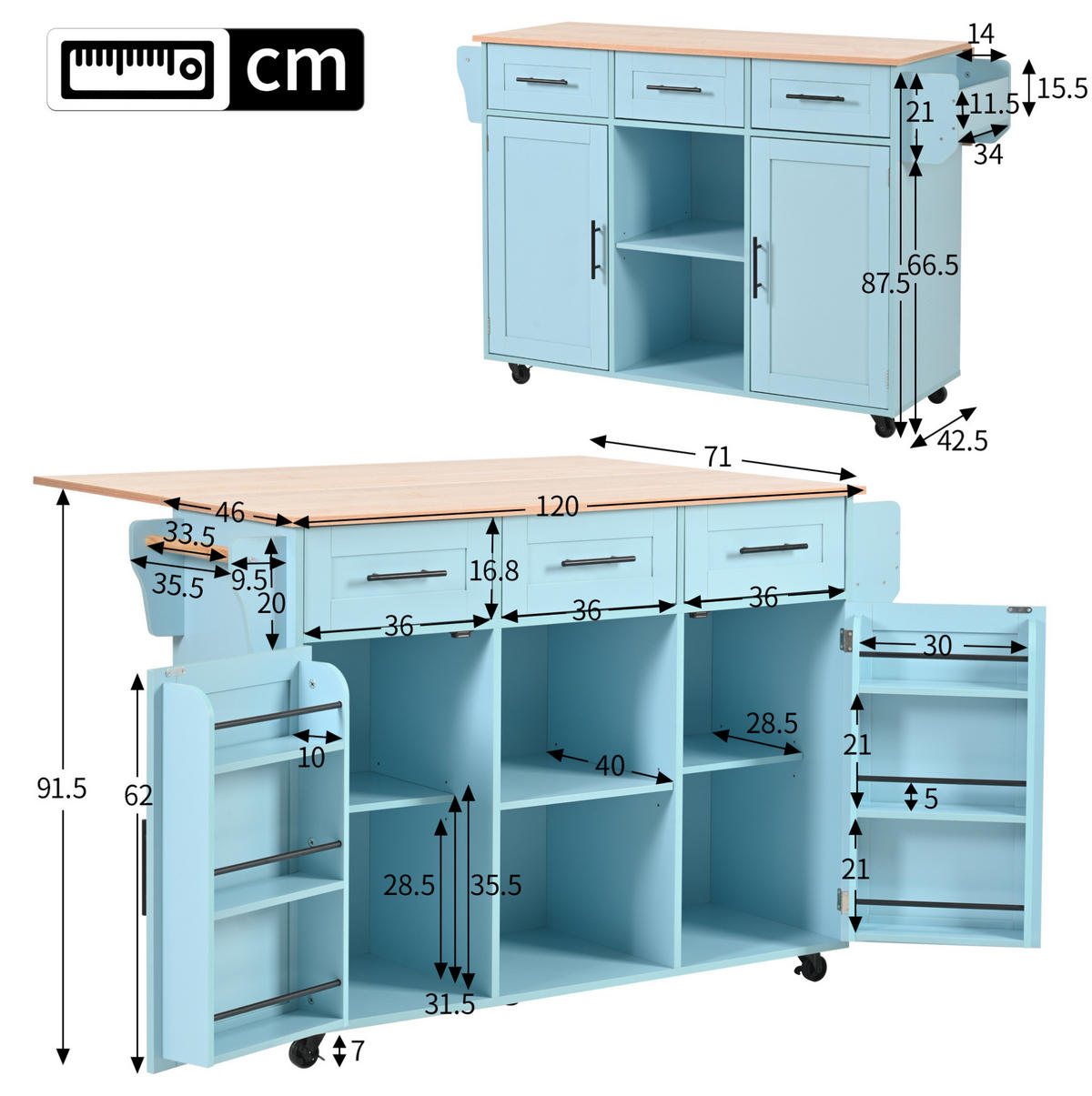 KÜCHENWAGEN mit Klappplatte 139 x 46(71) x 91,5 cm Blau - Blau, Holz (46/91.5/139cm) - Beauniv