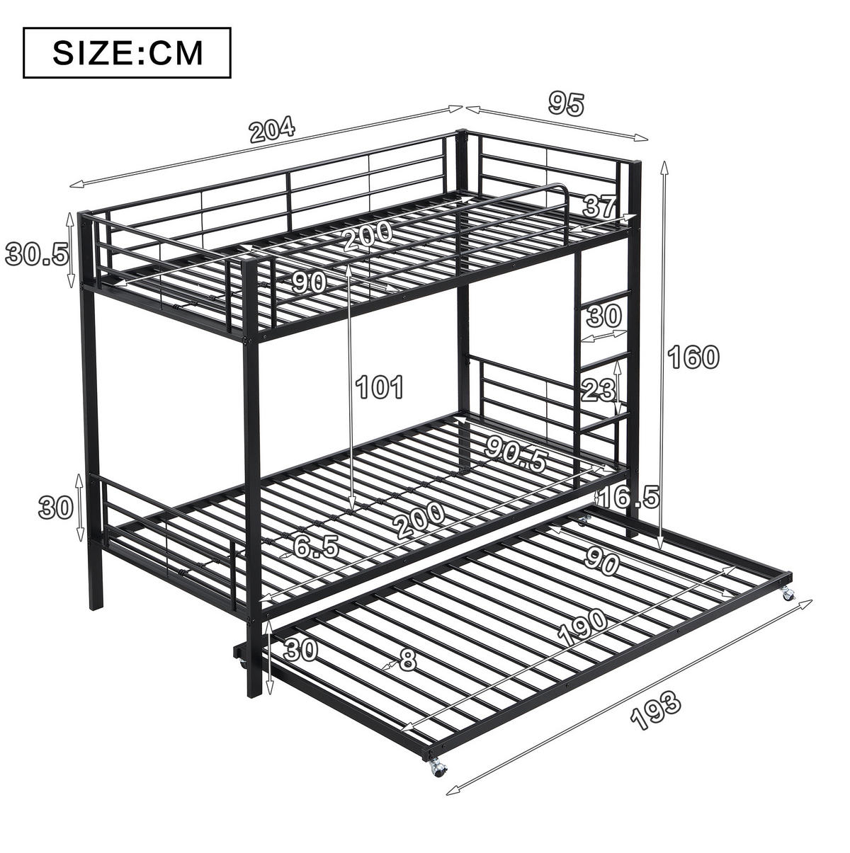 ETAGENBETT 90/200 cm aus Metall mit Ausziehbett Schwarz - Schwarz, Metall (90/190cm) - Modenvie