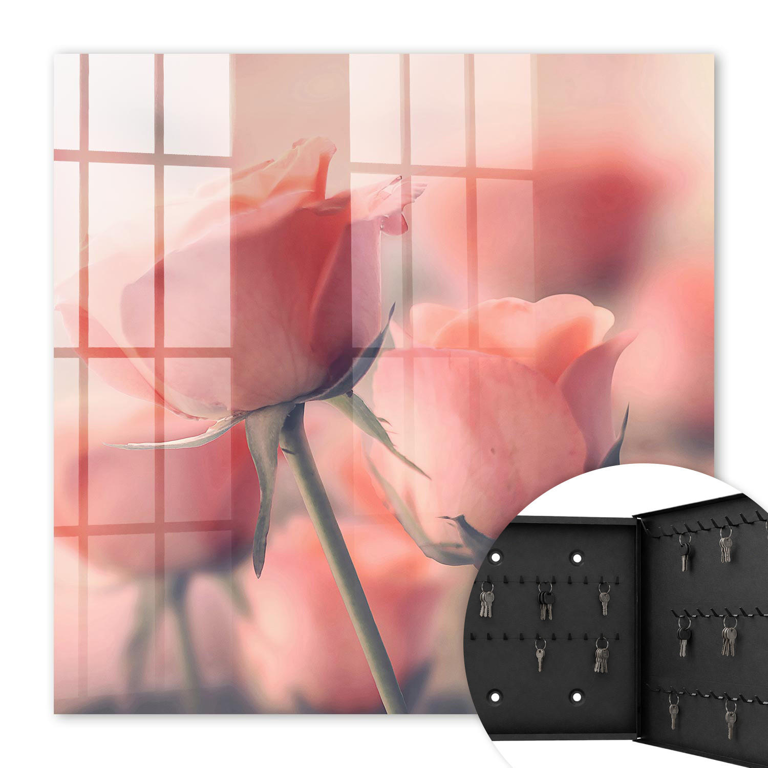 SCHLÜSSELBOX Schwarz 30x30 cm- Türöffnung nach rechts - Zarte Blüten - Pink, Metall (30/30/5cm) - TULUP