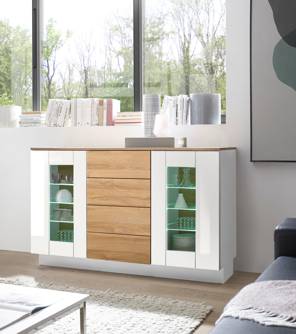 SIDEBOARD M14 Weiß Hochglanz & Grandson Oak 136x85x43 cm - Weiß Hochglanz, Holzwerkstoff (136/85/43cm) - Livojo