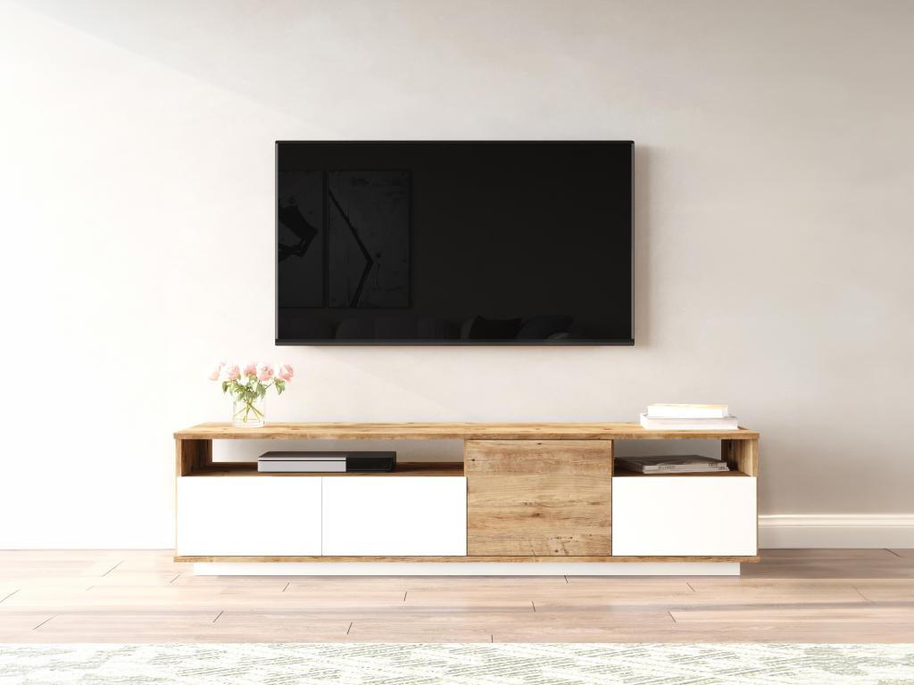 TV-MÖBEL mit 4 Türen & 2 Regalen - Holzfarben hell & Weiß - CEDONA - Naturfarben, Holz (44.5/44.6/180cm) - Vente-Unique