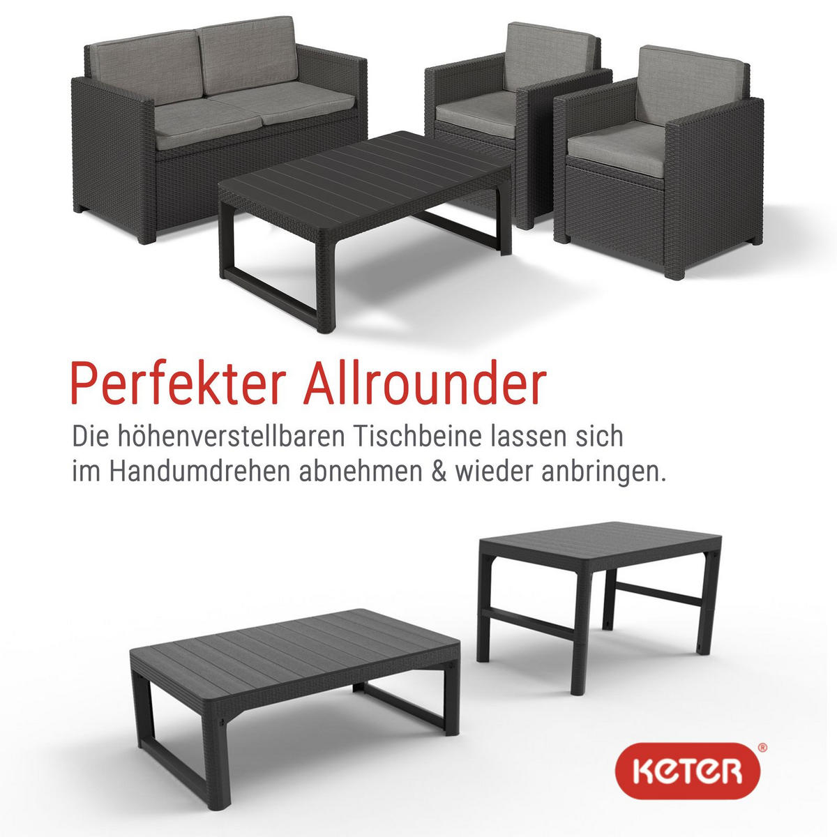 GARTENTISCH Lyon Lounge Tisch anthrazit, Gartentisch, höhenverstellbar - Anthrazit, Kunststoff (116/71.5/40cm) - Allibert