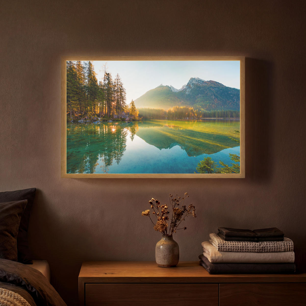 WANDLEUCHTE MIT AKKU See - Wald - Berge - Natur - Sonne - Landschaft 60x40 cm - Grün, Holzwerkstoff (60/40/8cm) - OnlyWow